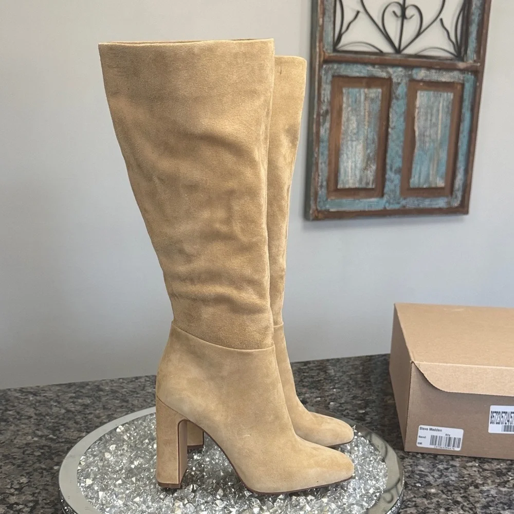 Steve Madden Ally Tan Suede Knee-High Block Heel Boots NEW 6